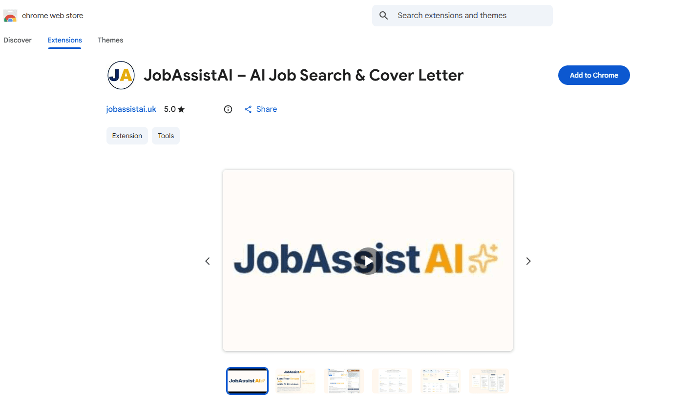 JobAssistAI Chrome Extension — panel showing job match score and cover letter on a UK job board