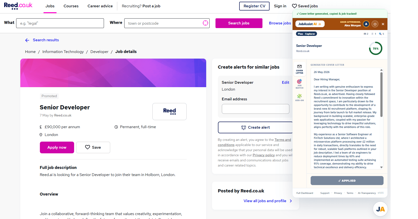 AI Cover Letter Generator — JobAssistAI dashboard screenshot